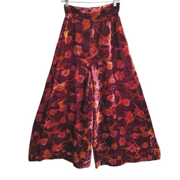 Vintage 70's Pants S Wine Floral Velvet Bell Bottoms High Rise Wide Leg Flare - Picture 3 of 11